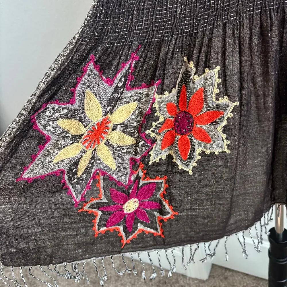 Embroidered Floral Smocked Pashmina Shawl Wrap Scarf Boho Fringe Reversible